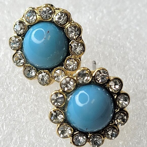 Blue Turquoise Glass cabochon Button Small Earrings - Picture 1 of 8